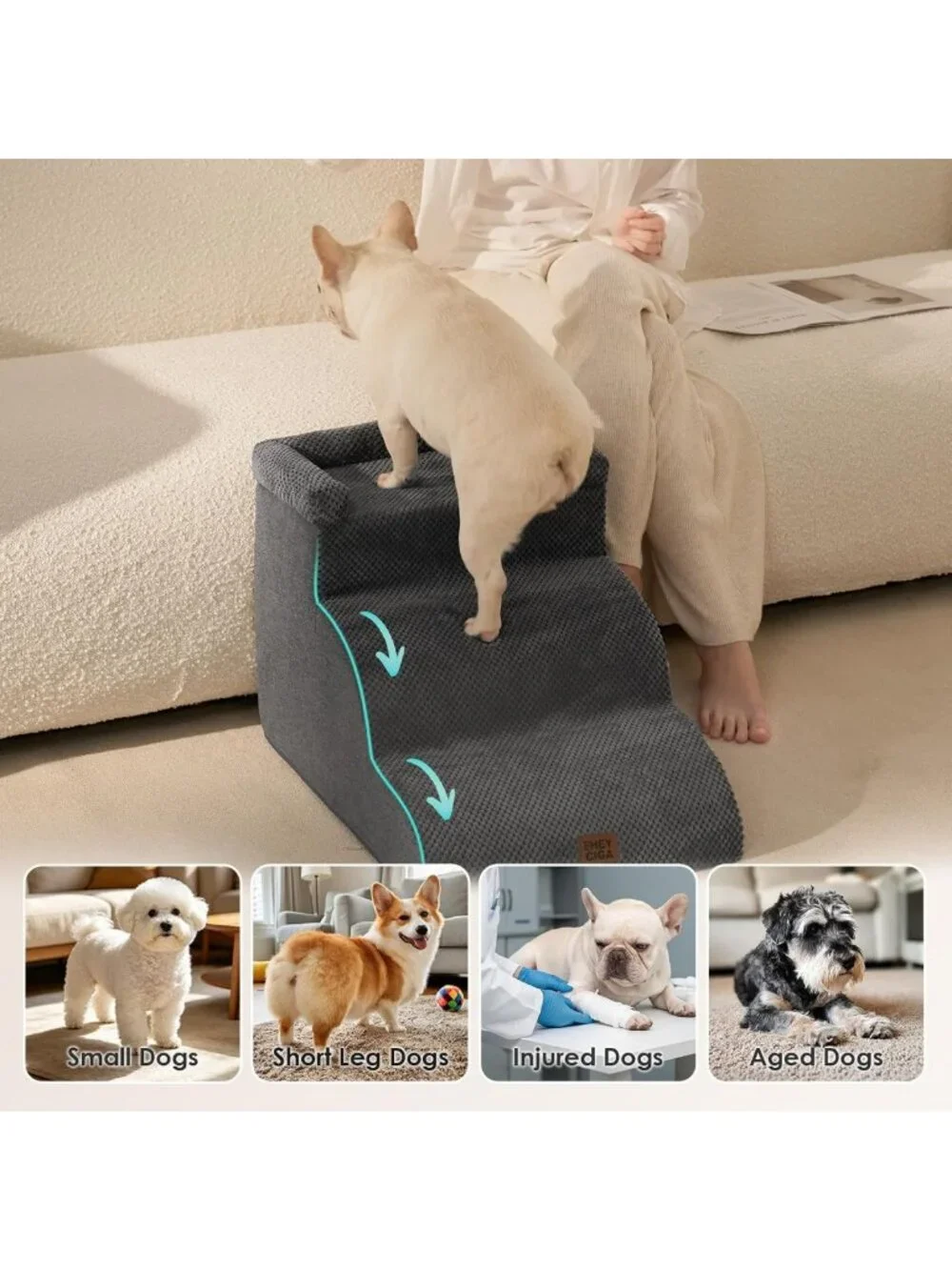 Curved 3-Step Dog Stairs for Couch, Pet Ramp for Small Dogs, Grey 14